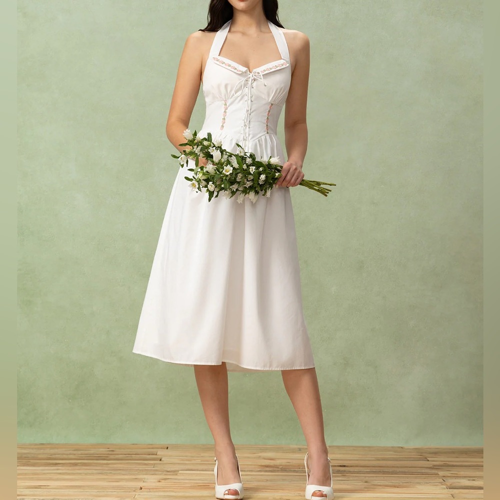 Rihoas White Embroidery A-Line Halter Midi Dress - Picture 4 of 6